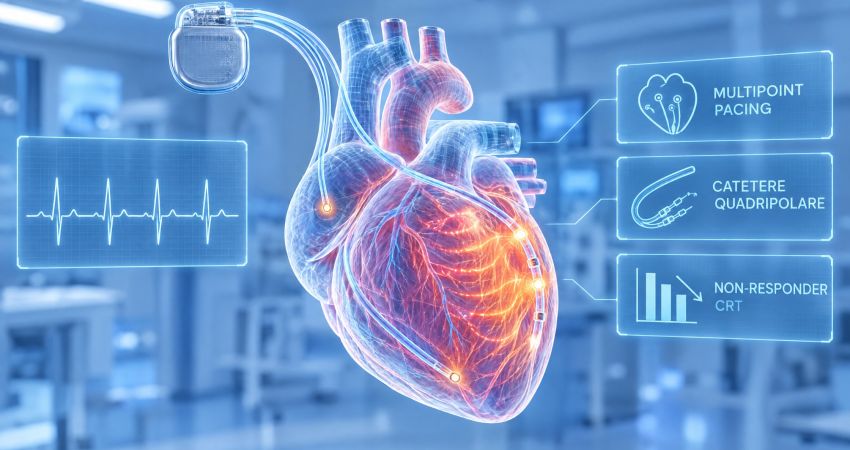 Cuore con dispositivo per resincronizzazione cardiaca e catetere quadripolare che stimola più punti del ventricolo sinistro