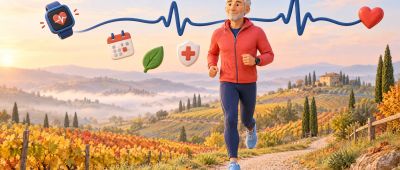 Uomo di mezza età corre a passo leggero su un sentiero tra colline e vigneti in autunno; un tracciato ECG unisce un orologio sportivo a un cuore rosso