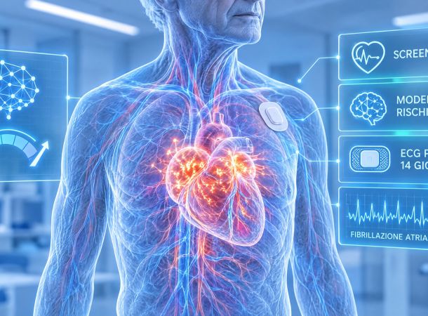 Rappresentazione olografica di un cuore con fibrillazione atriale, ECG patch sul torace e modello di rischio basato sull’intelligenza artificiale per lo screening della FA