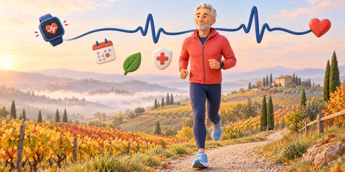 Uomo di mezza età corre a passo leggero su un sentiero tra colline e vigneti in autunno; un tracciato ECG unisce un orologio sportivo a un cuore rosso