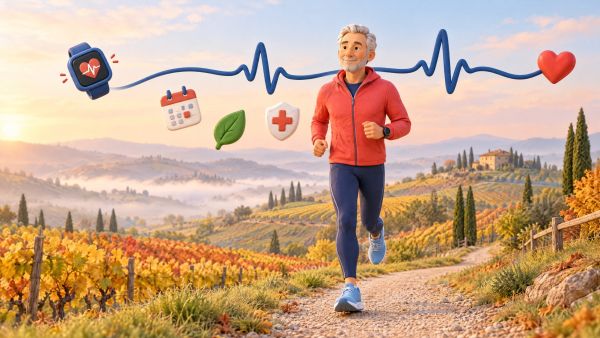 Uomo di mezza età corre a passo leggero su un sentiero tra colline e vigneti in autunno; un tracciato ECG unisce un orologio sportivo a un cuore rosso