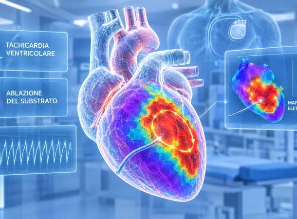 Rappresentazione olografica del cuore con mappa elettroanatomica della cicatrice ventricolare e catetere di ablazione: il futuro del trattamento delle tachicardie ventricolari