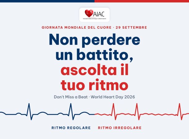 Giornata mondiale del cuore 2026, non perdere un battito: linea ECG con ritmo regolare in blu e irregolare in rosso
