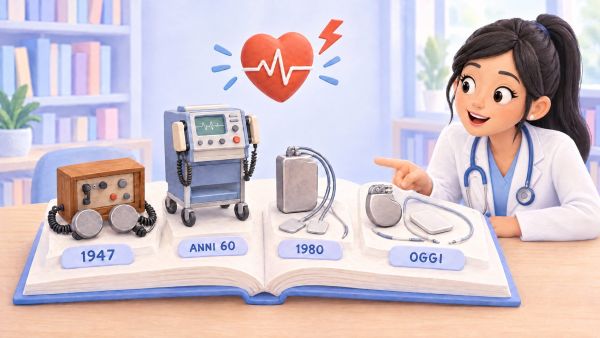 Una giovane dottoressa indica un libro animato sulla storia del defibrillatore: dalla prima defibrillazione del 1947 al primo defibrillatore impiantabile del 1980, fino ai dispositivi sottocutanei di oggi