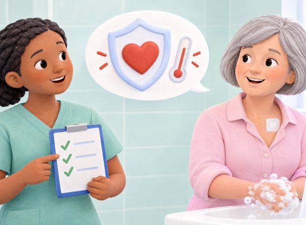 Un’infermiera spiega a una paziente con medicazione dopo l’impianto come prevenire le infezioni del pacemaker o del defibrillatore, a partire dall’igiene delle mani