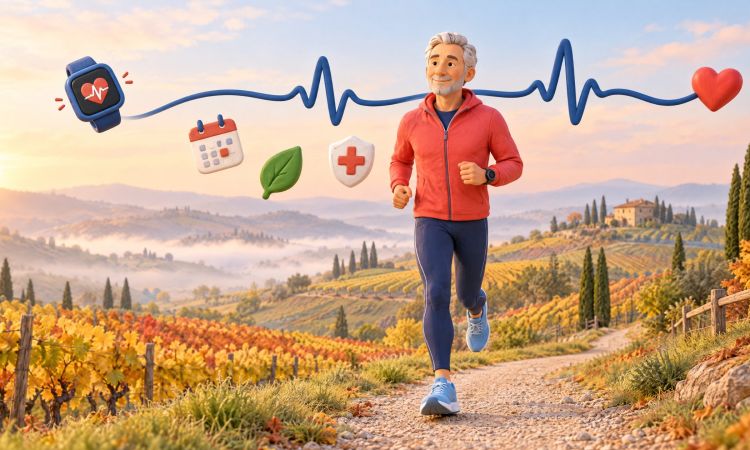 Uomo di mezza età corre a passo leggero su un sentiero tra colline e vigneti in autunno; un tracciato ECG unisce un orologio sportivo a un cuore rosso
