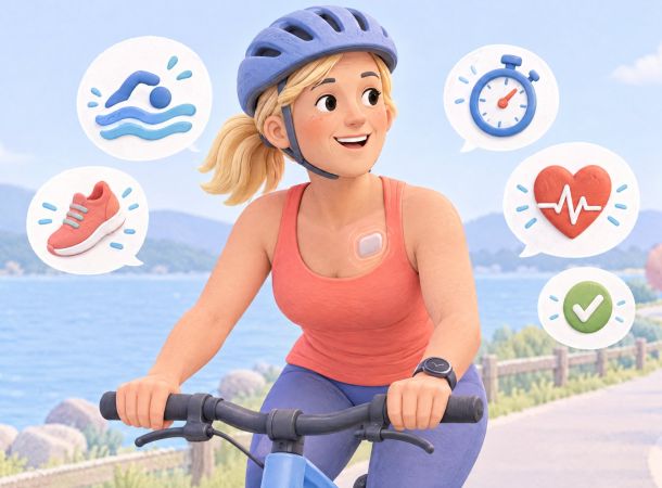 Una donna con dispositivo cardiaco impiantabile va in bicicletta lungo il lago: sport e attività fisica con pacemaker o defibrillatore