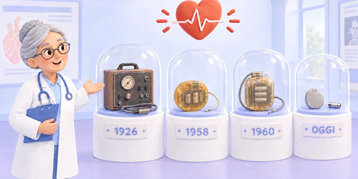 Una dottoressa guida la visita a un museo della storia del pacemaker: dal pacemaker esterno del 1926 al primo impianto del 1958, fino ai pacemaker moderni e senza fili