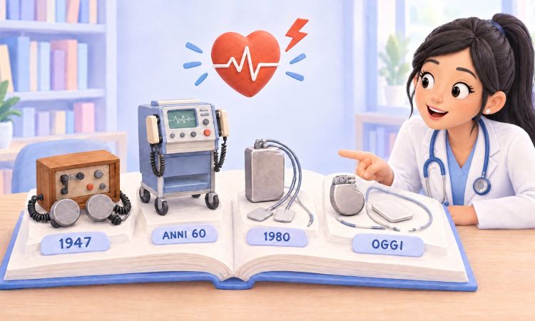 Una giovane dottoressa indica un libro animato sulla storia del defibrillatore: dalla prima defibrillazione del 1947 al primo defibrillatore impiantabile del 1980, fino ai dispositivi sottocutanei di oggi