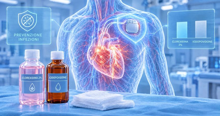 Dispositivo per CRT impiantato sotto la clavicola sinistra e flaconi di clorexidina alcolica al 2% e iodopovidone per l’antisepsi cutanea