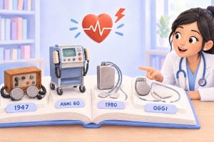 Una giovane dottoressa indica un libro animato sulla storia del defibrillatore: dalla prima defibrillazione del 1947 al primo defibrillatore impiantabile del 1980, fino ai dispositivi sottocutanei di oggi