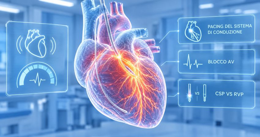 Rappresentazione olografica del sistema di conduzione cardiaco con elettrocatetere nell’area della branca sinistra: pacing del sistema di conduzione nel blocco AV