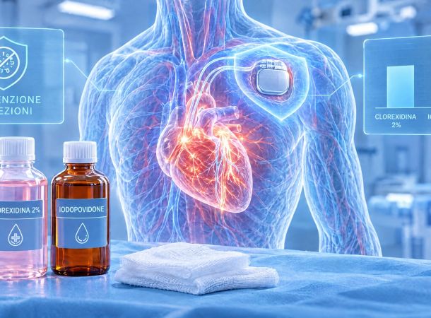 Dispositivo per CRT impiantato sotto la clavicola sinistra e flaconi di clorexidina alcolica al 2% e iodopovidone per l’antisepsi cutanea
