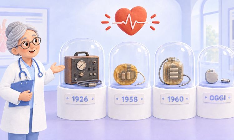 Una dottoressa guida la visita a un museo della storia del pacemaker: dal pacemaker esterno del 1926 al primo impianto del 1958, fino ai pacemaker moderni e senza fili