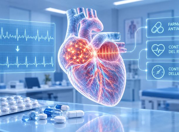 Rappresentazione olografica del cuore con fibrillazione atriale che torna a ritmo regolare e farmaci antiaritmici: il trattamento farmacologico della FA per il cardiologo territoriale