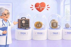 Una dottoressa guida la visita a un museo della storia del pacemaker: dal pacemaker esterno del 1926 al primo impianto del 1958, fino ai pacemaker moderni e senza fili