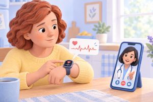 Una donna controlla la notifica del ritmo cardiaco sullo smartwatch e ne parla in videochiamata con la sua cardiologa
