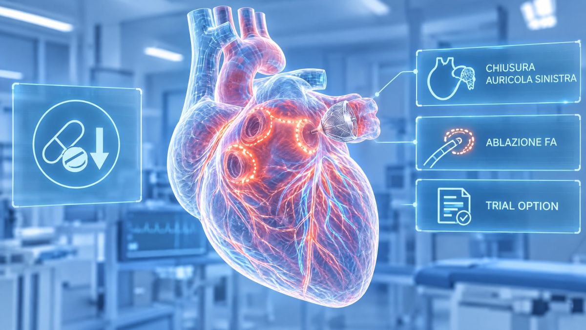 Rappresentazione olografica del cuore con dispositivo di chiusura dell’auricola sinistra e lesioni di ablazione attorno alle vene polmonari: il trial OPTION