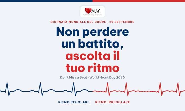 Giornata mondiale del cuore 2026, non perdere un battito: linea ECG con ritmo regolare in blu e irregolare in rosso