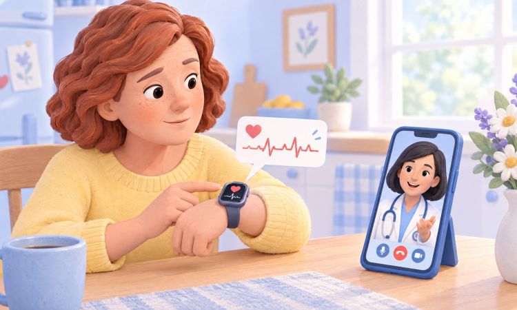 Una donna controlla la notifica del ritmo cardiaco sullo smartwatch e ne parla in videochiamata con la sua cardiologa