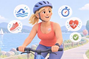 Una donna con dispositivo cardiaco impiantabile va in bicicletta lungo il lago: sport e attività fisica con pacemaker o defibrillatore