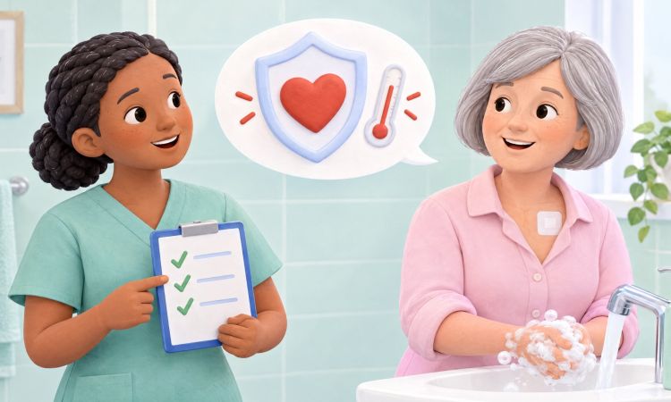 Un’infermiera spiega a una paziente con medicazione dopo l’impianto come prevenire le infezioni del pacemaker o del defibrillatore, a partire dall’igiene delle mani