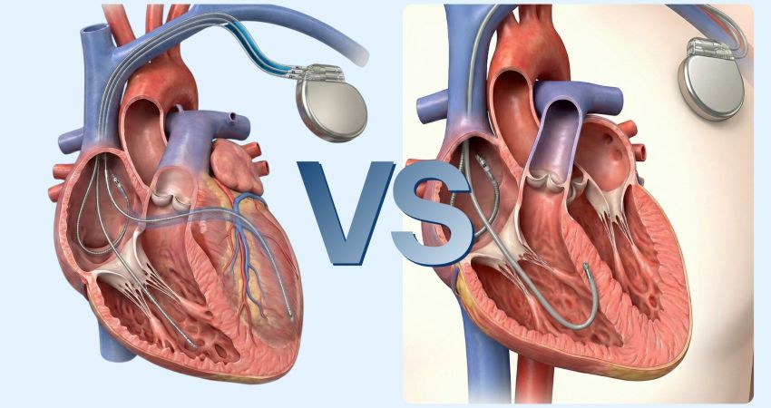 Immagine 3D che crea una rappresentazione iperrealistica e didattica che confronta le due tecniche di stimolazione cardiaca. Traditional CRT approach Vs Physiological Pacing approach (LBBP)