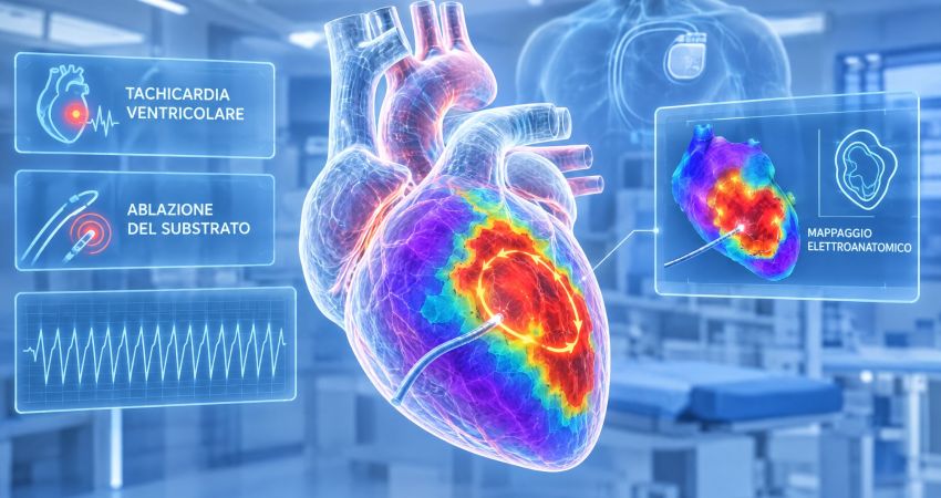 Rappresentazione olografica del cuore con mappa elettroanatomica della cicatrice ventricolare e catetere di ablazione: il futuro del trattamento delle tachicardie ventricolari
