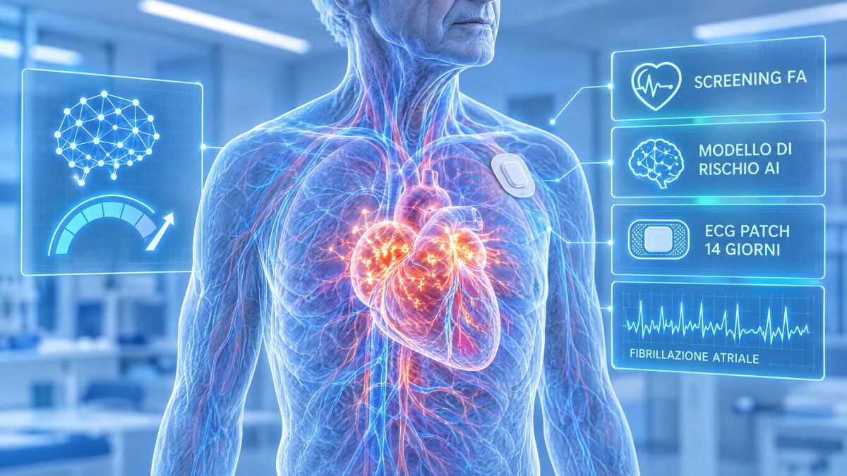 Rappresentazione olografica di un cuore con fibrillazione atriale, ECG patch sul torace e modello di rischio basato sull’intelligenza artificiale per lo screening della FA
