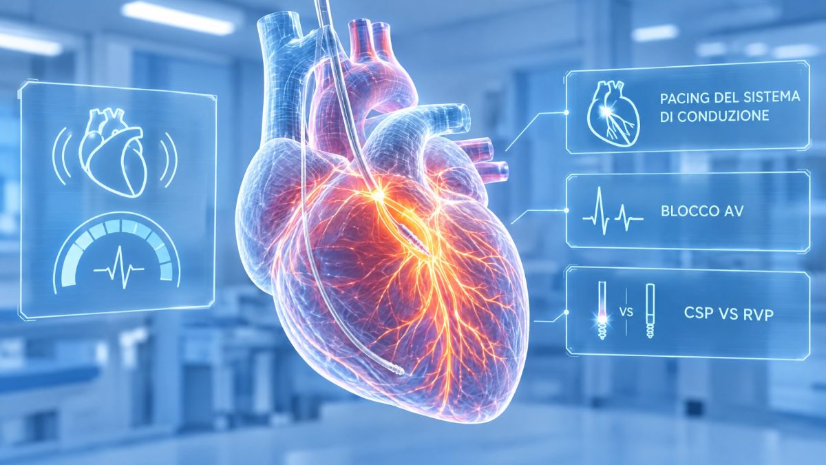 Rappresentazione olografica del sistema di conduzione cardiaco con elettrocatetere nell’area della branca sinistra: pacing del sistema di conduzione nel blocco AV