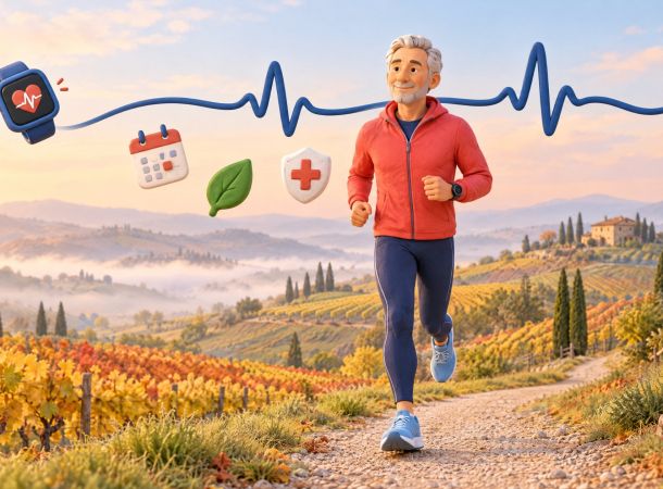 Uomo di mezza età corre a passo leggero su un sentiero tra colline e vigneti in autunno; un tracciato ECG unisce un orologio sportivo a un cuore rosso