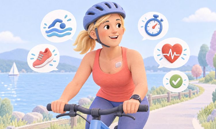 Una donna con dispositivo cardiaco impiantabile va in bicicletta lungo il lago: sport e attività fisica con pacemaker o defibrillatore