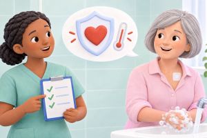 Un’infermiera spiega a una paziente con medicazione dopo l’impianto come prevenire le infezioni del pacemaker o del defibrillatore, a partire dall’igiene delle mani