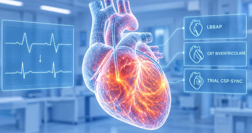 Rappresentazione olografica del cuore con elettrocateteri per stimolazione dell’area della branca sinistra e stimolazione biventricolare: il trial CSP-SYNC