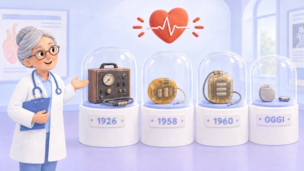 Una dottoressa guida la visita a un museo della storia del pacemaker: dal pacemaker esterno del 1926 al primo impianto del 1958, fino ai pacemaker moderni e senza fili