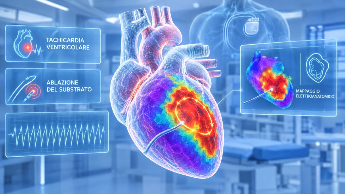 Rappresentazione olografica del cuore con mappa elettroanatomica della cicatrice ventricolare e catetere di ablazione: il futuro del trattamento delle tachicardie ventricolari