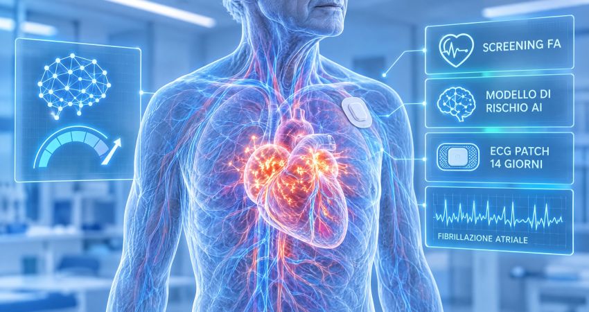Rappresentazione olografica di un cuore con fibrillazione atriale, ECG patch sul torace e modello di rischio basato sull’intelligenza artificiale per lo screening della FA