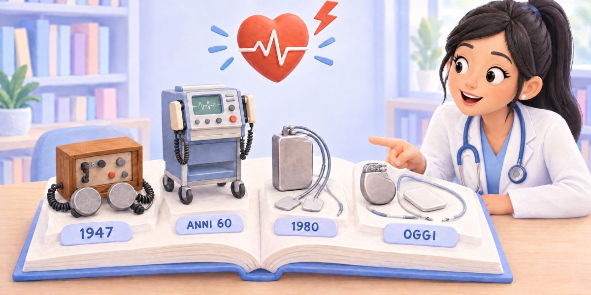 Una giovane dottoressa indica un libro animato sulla storia del defibrillatore: dalla prima defibrillazione del 1947 al primo defibrillatore impiantabile del 1980, fino ai dispositivi sottocutanei di oggi